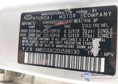 2013 Hyundai Tucson Limited z USA, uszkodzony, nr VIN KM8JU3AC2DU599190